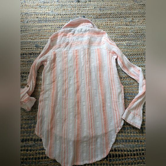 Forever 21 Striped Crinkle Button Down Shirt S Pink White L/S Lightweight Gauze - Picture 6 of 6